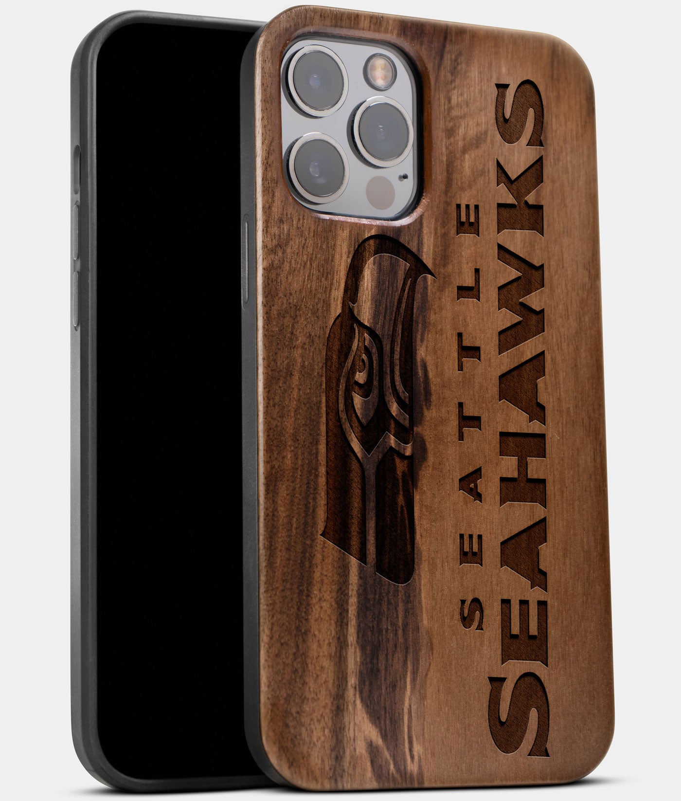 Best Wood Seattle Seahawks iPhone 13 Pro Case | Custom Seattle Seahawks Gift | Walnut Wood Cover - Engraved In Nature