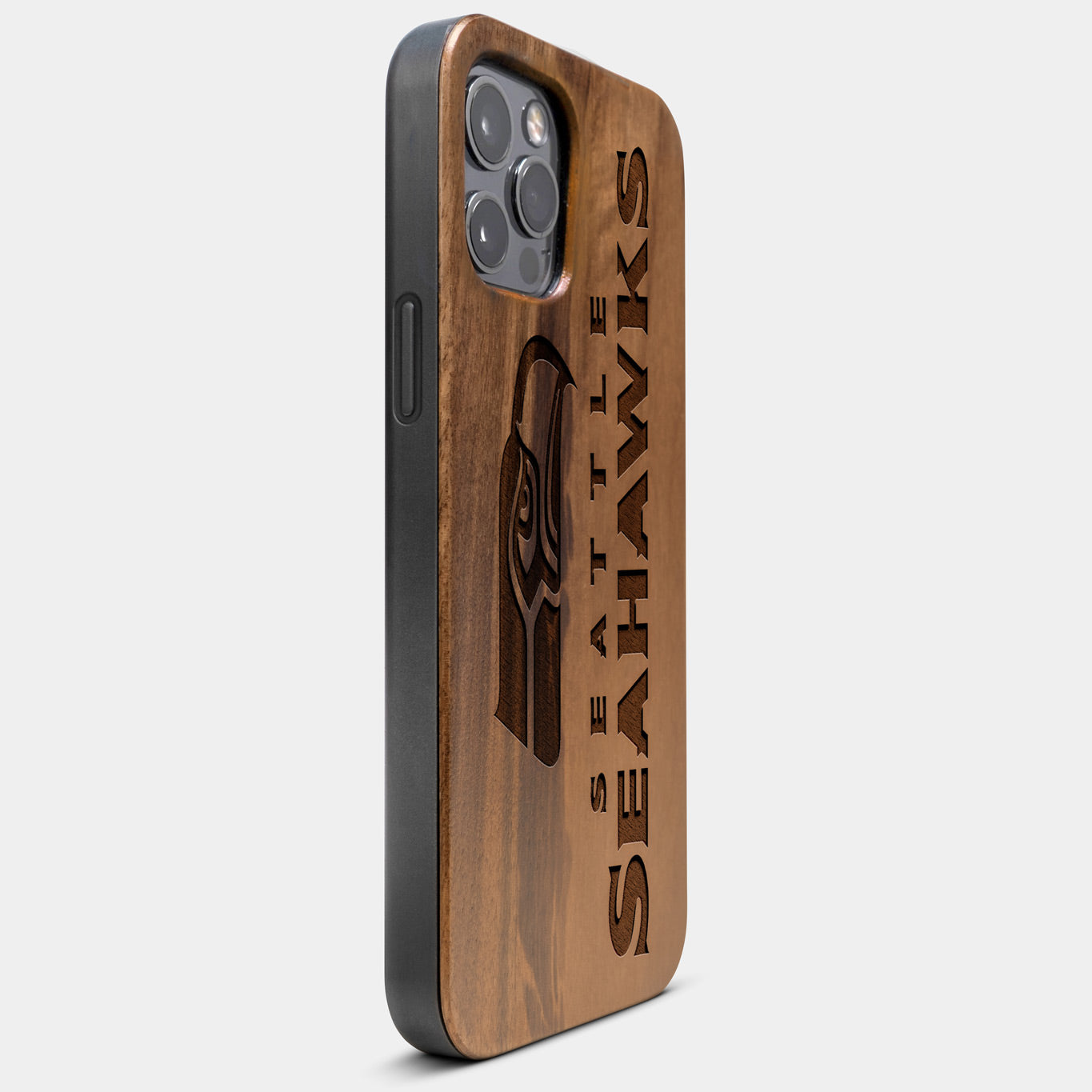 Best Wood Seattle Seahawks iPhone 13 Pro Max Case | Custom Seattle Seahawks Gift | Walnut Wood Cover - Engraved In Nature