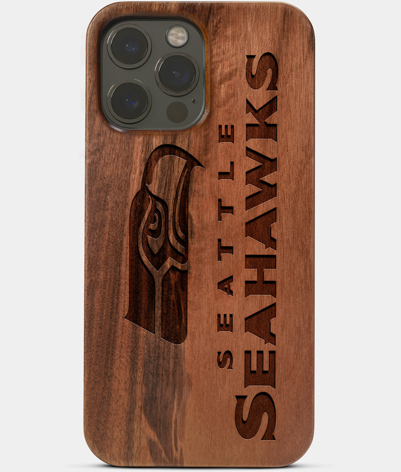 Carved Wood Seattle Seahawks iPhone 13 Pro Max Case | Custom Seattle Seahawks Gift, Birthday Gift | Personalized Mahogany Wood Cover, Gifts For Him, Monogrammed Gift For Fan | by Engraved In Nature