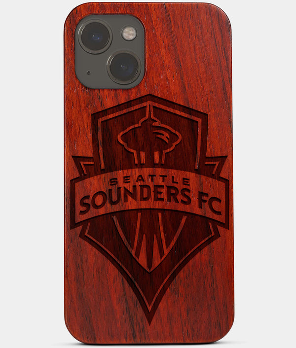 Carved Wood Seattle Sounders FC iPhone 13 Case | Custom Seattle Sounders FC Gift, Birthday Gift | Personalized Mahogany Wood Cover, Gifts For Him, Monogrammed Gift For Fan | by Engraved In Nature