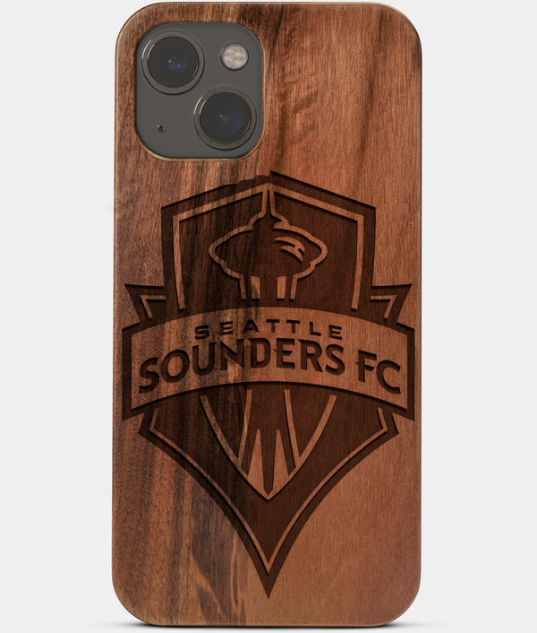 Carved Wood Seattle Sounders FC iPhone 13 Case | Custom Seattle Sounders FC Gift, Birthday Gift | Personalized Mahogany Wood Cover, Gifts For Him, Monogrammed Gift For Fan | by Engraved In Nature