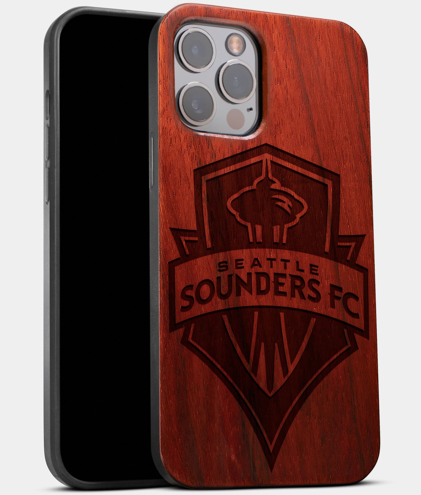 Best Wood Seattle Sounders FC iPhone 13 Pro Case | Custom Seattle Sounders FC Gift | Mahogany Wood Cover - Engraved In Nature