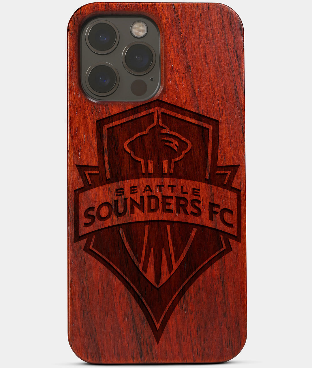 Carved Wood Seattle Sounders FC iPhone 13 Pro Case | Custom Seattle Sounders FC Gift, Birthday Gift | Personalized Mahogany Wood Cover, Gifts For Him, Monogrammed Gift For Fan | by Engraved In Nature