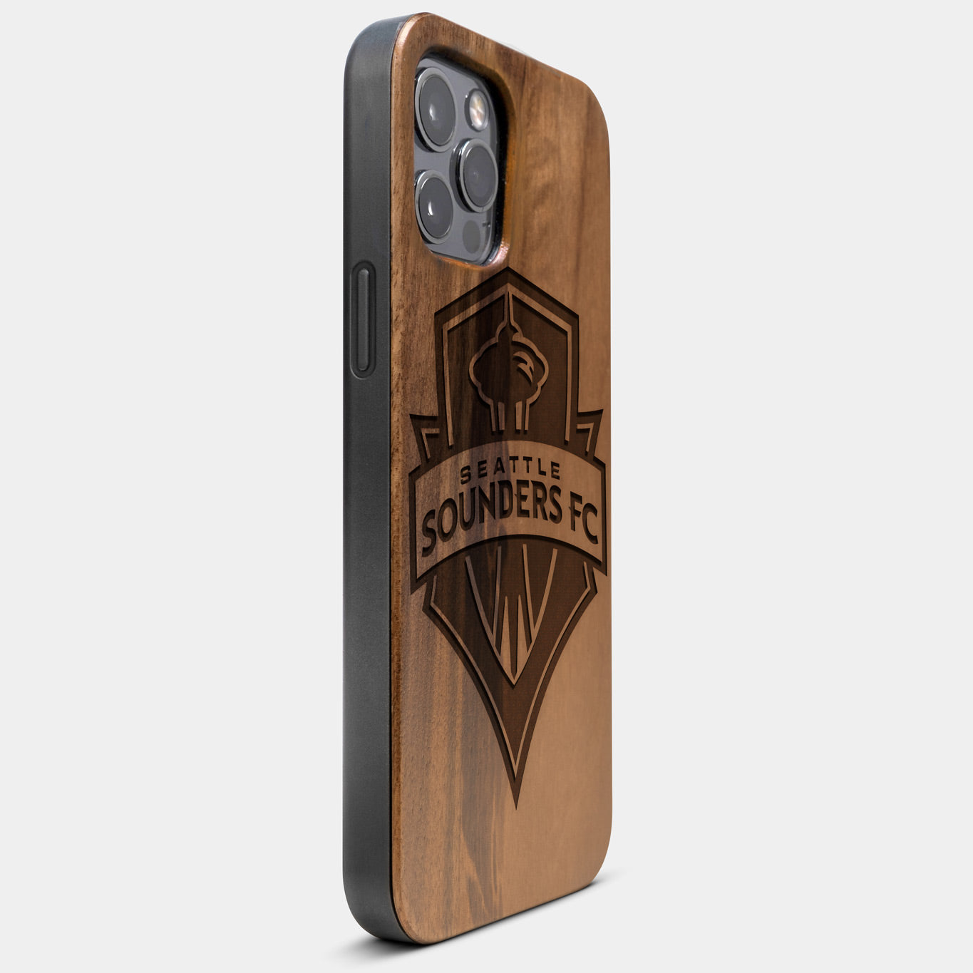 Best Wood Seattle Sounders FC iPhone 13 Pro Case | Custom Seattle Sounders FC Gift | Walnut Wood Cover - Engraved In Nature
