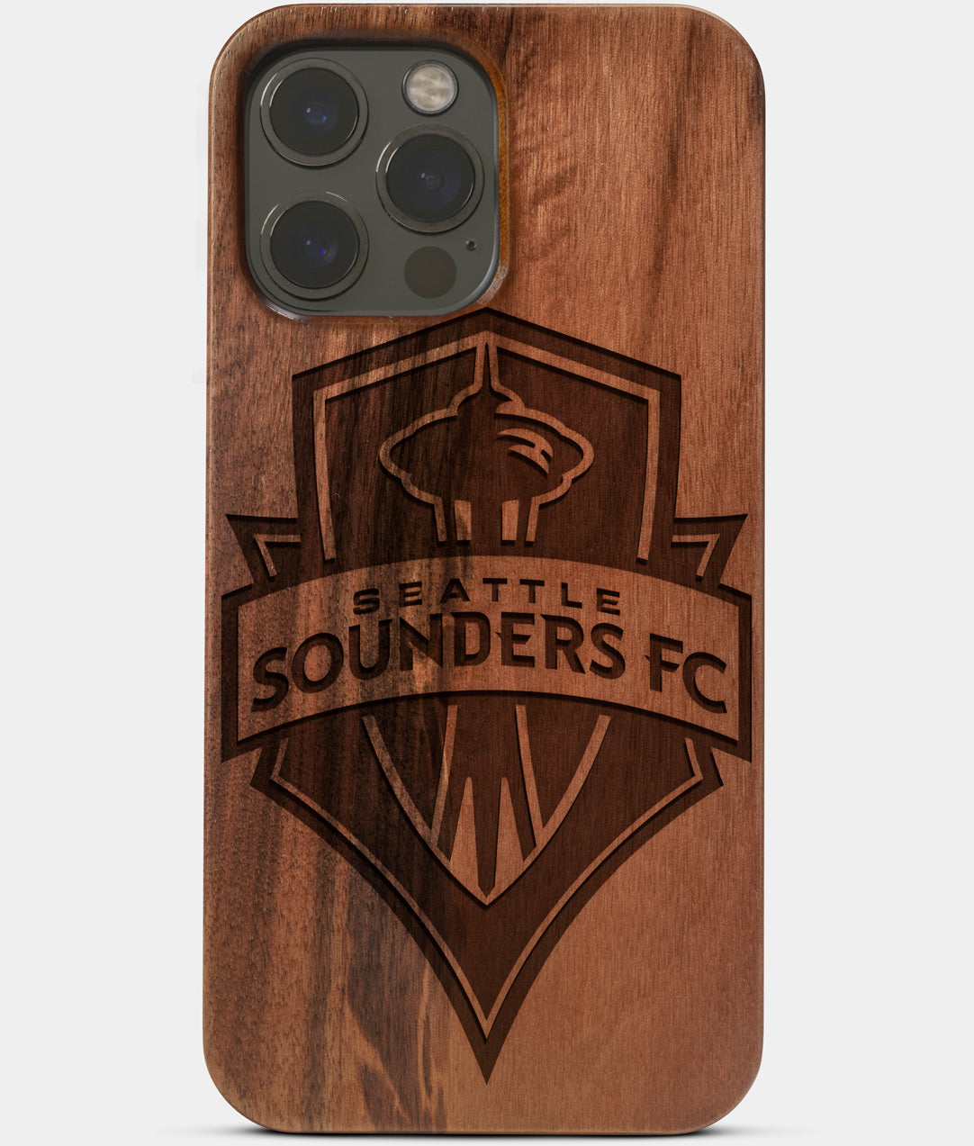 Carved Wood Seattle Sounders FC iPhone 13 Pro Max Case | Custom Seattle Sounders FC Gift, Birthday Gift | Personalized Mahogany Wood Cover, Gifts For Him, Monogrammed Gift For Fan | by Engraved In Nature
