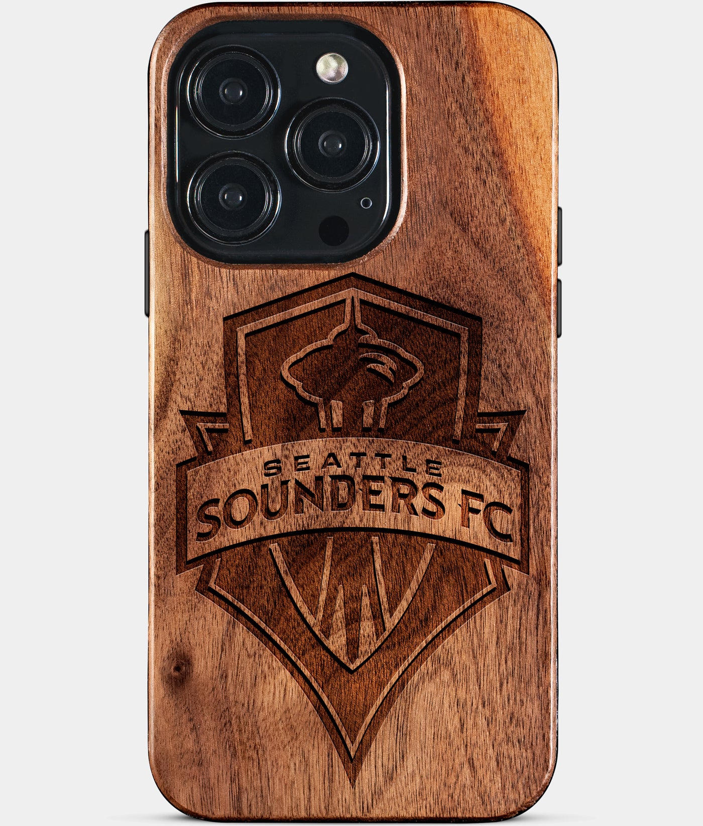 Eco-friendly Seattle Sounders FC iPhone 15 Pro Case - Carved Wood Custom Seattle Sounders FC Gift For Him - Monogrammed Personalized iPhone 15 Pro Cover By Engraved In Nature