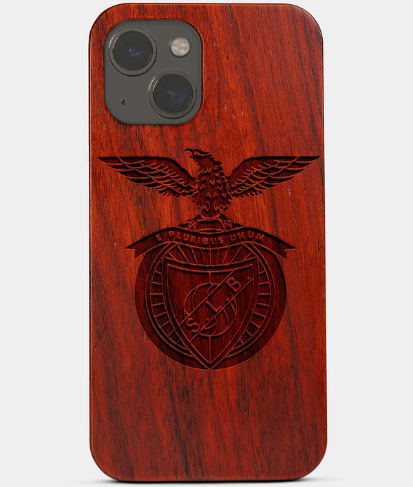 Carved Wood S.L. Benfica iPhone 13 Case | Custom S.L. Benfica Gift, Birthday Gift | Personalized Mahogany Wood Cover, Gifts For Him, Monogrammed Gift For Fan | by Engraved In Nature