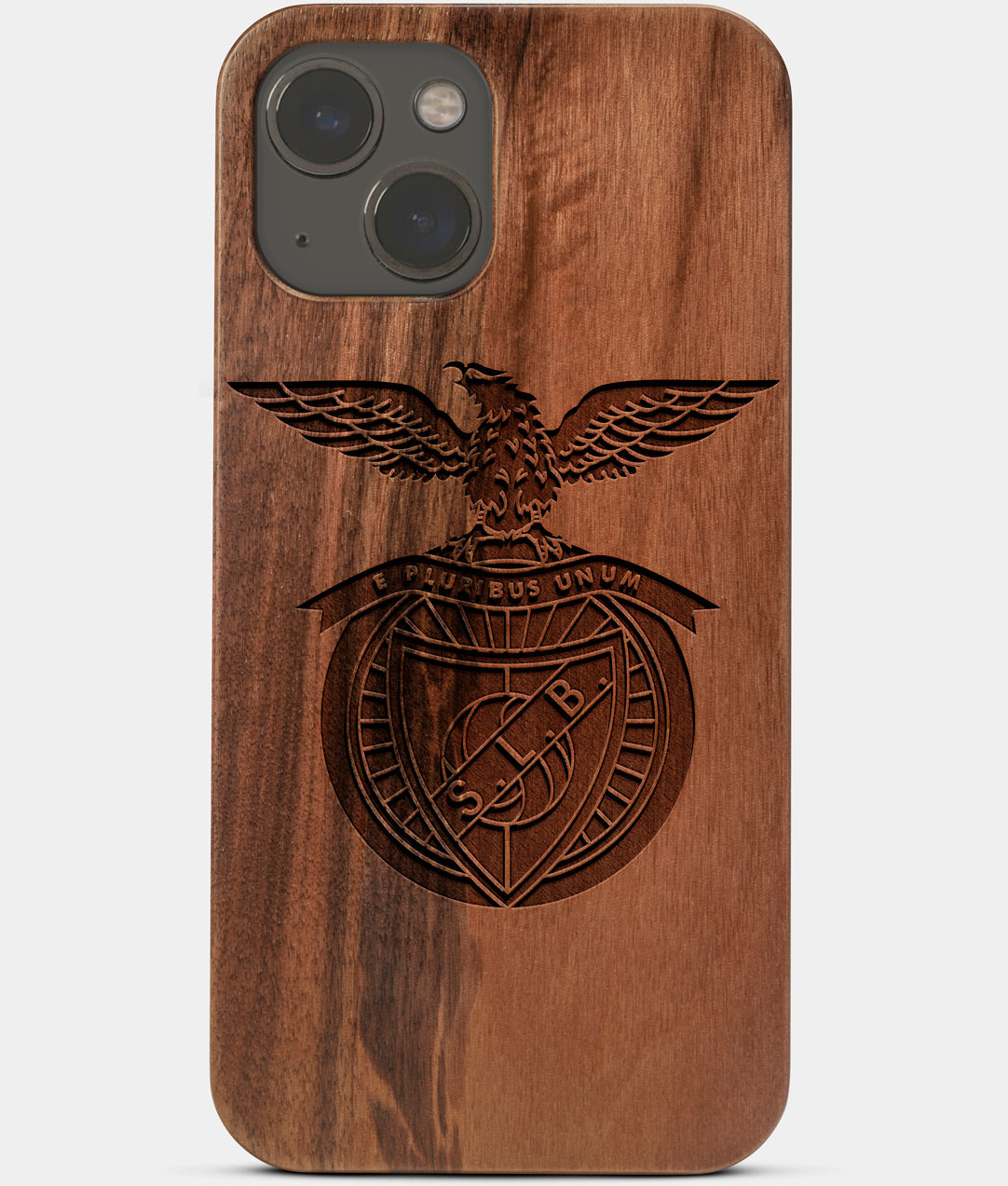 Carved Wood S.L. Benfica iPhone 13 Mini Case | Custom S.L. Benfica Gift, Birthday Gift | Personalized Mahogany Wood Cover, Gifts For Him, Monogrammed Gift For Fan | by Engraved In Nature
