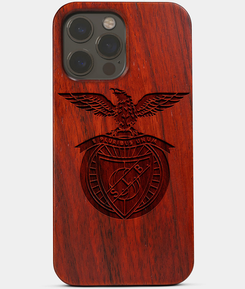 Carved Wood S.L. Benfica iPhone 13 Pro Case | Custom S.L. Benfica Gift, Birthday Gift | Personalized Mahogany Wood Cover, Gifts For Him, Monogrammed Gift For Fan | by Engraved In Nature
