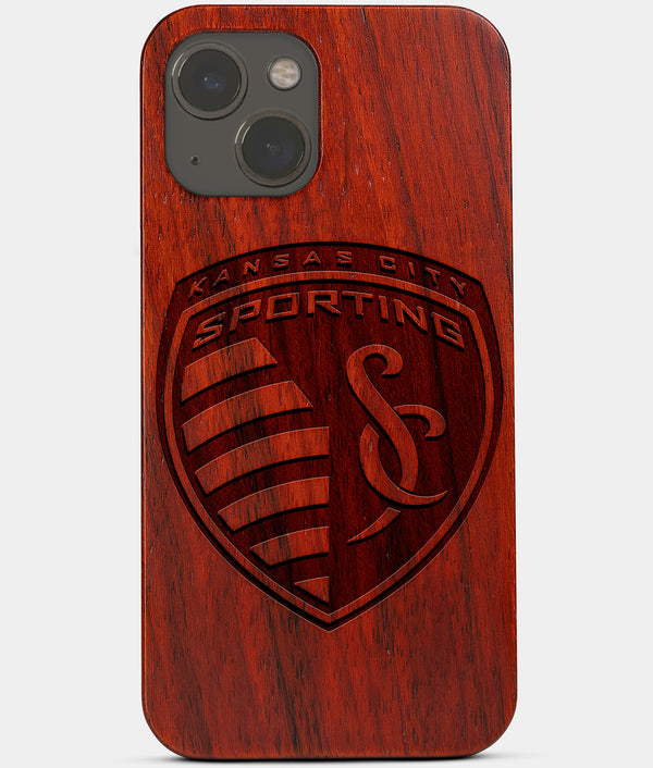 Carved Wood Sporting Kansas City iPhone 13 Mini Case | Custom Sporting Kansas City Gift, Birthday Gift | Personalized Mahogany Wood Cover, Gifts For Him, Monogrammed Gift For Fan | by Engraved In Nature