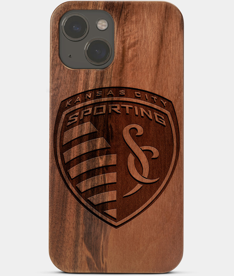 Carved Wood Sporting Kansas City iPhone 13 Mini Case | Custom Sporting Kansas City Gift, Birthday Gift | Personalized Mahogany Wood Cover, Gifts For Him, Monogrammed Gift For Fan | by Engraved In Nature