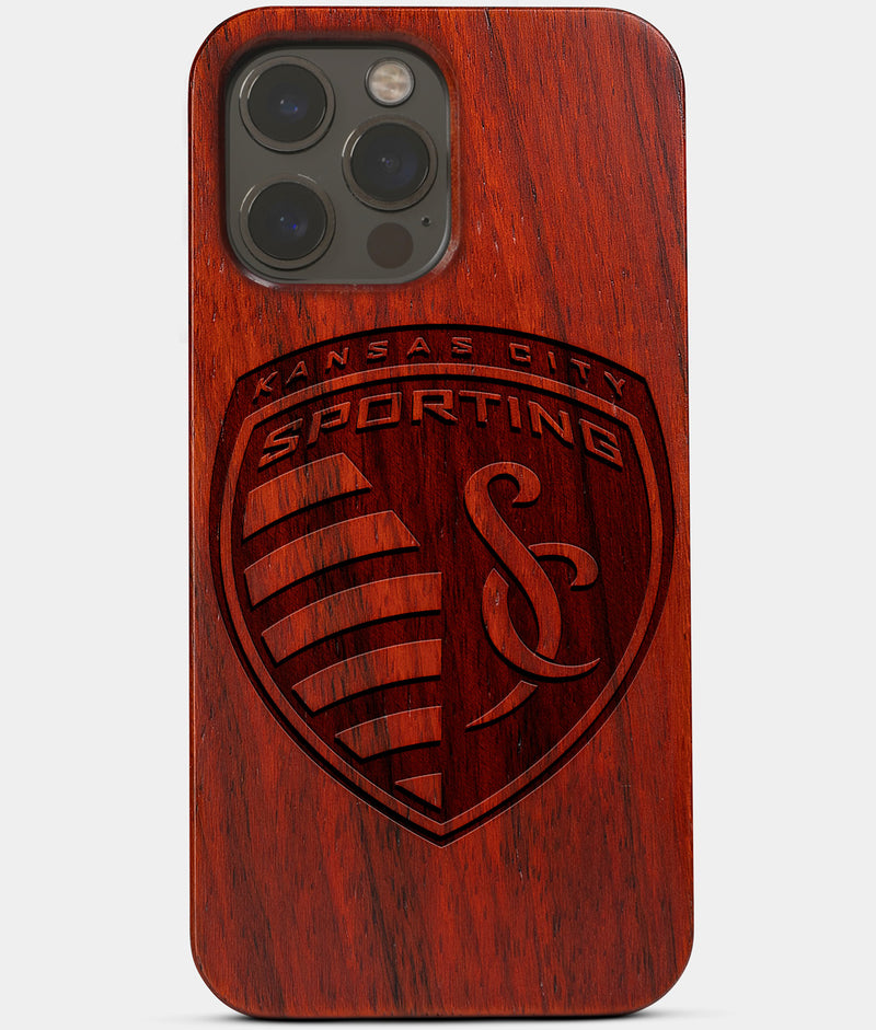 Carved Wood Sporting Kansas City iPhone 13 Pro Case | Custom Sporting Kansas City Gift, Birthday Gift | Personalized Mahogany Wood Cover, Gifts For Him, Monogrammed Gift For Fan | by Engraved In Nature