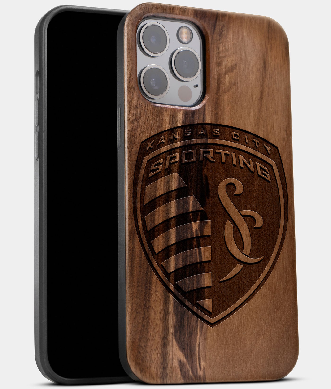 Best Wood Sporting Kansas City iPhone 13 Pro Case | Custom Sporting Kansas City Gift | Walnut Wood Cover - Engraved In Nature
