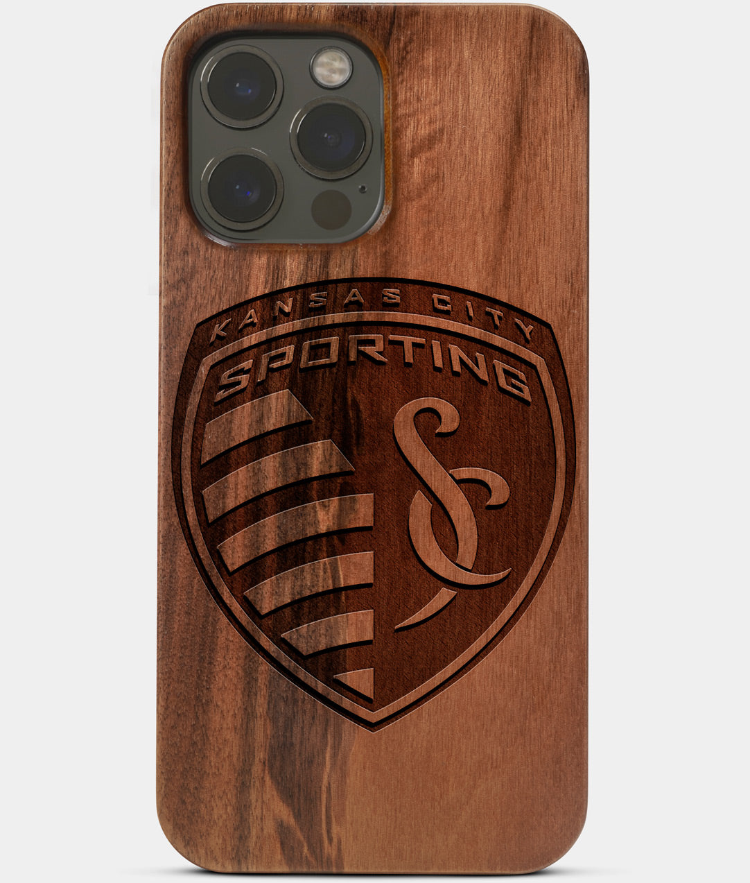 Carved Wood Sporting Kansas City iPhone 13 Pro Case | Custom Sporting Kansas City Gift, Birthday Gift | Personalized Mahogany Wood Cover, Gifts For Him, Monogrammed Gift For Fan | by Engraved In Nature