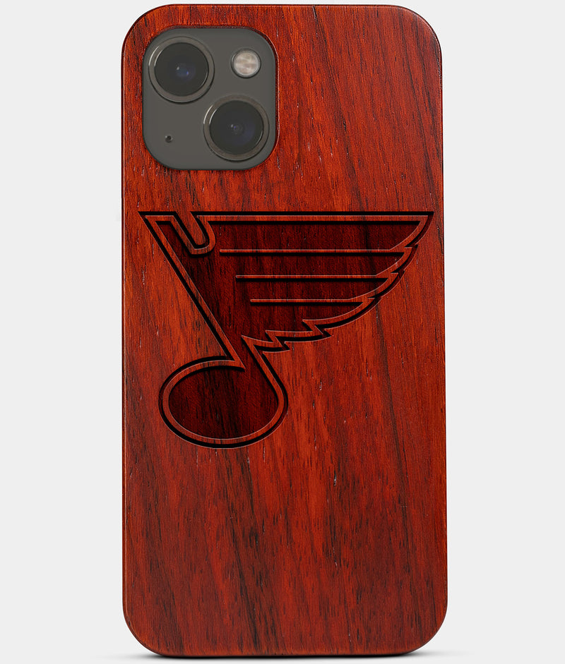 Carved Wood St Louis Blues iPhone 13 Case | Custom St Louis Blues Gift, Birthday Gift | Personalized Mahogany Wood Cover, Gifts For Him, Monogrammed Gift For Fan | by Engraved In Nature