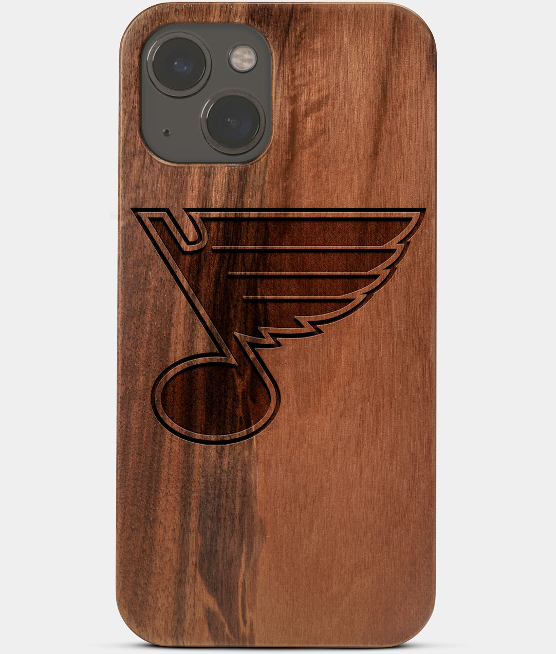 Carved Wood St Louis Blues iPhone 13 Mini Case | Custom St Louis Blues Gift, Birthday Gift | Personalized Mahogany Wood Cover, Gifts For Him, Monogrammed Gift For Fan | by Engraved In Nature