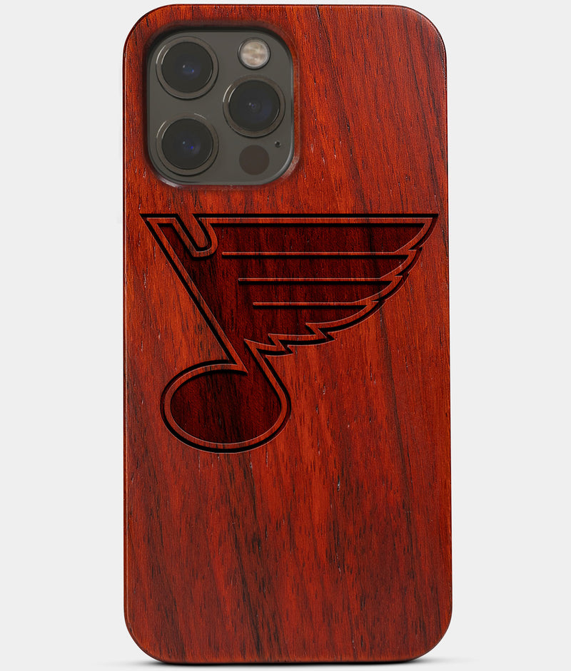 Carved Wood St Louis Blues iPhone 13 Pro Case | Custom St Louis Blues Gift, Birthday Gift | Personalized Mahogany Wood Cover, Gifts For Him, Monogrammed Gift For Fan | by Engraved In Nature