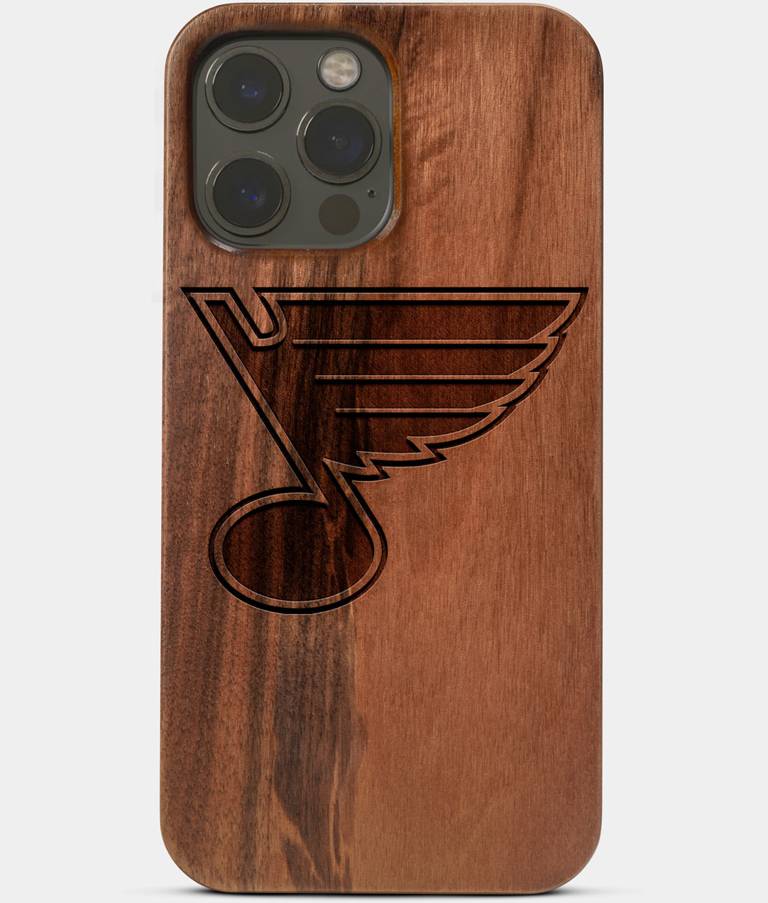 Carved Wood St Louis Blues iPhone 13 Pro Max Case | Custom St Louis Blues Gift, Birthday Gift | Personalized Mahogany Wood Cover, Gifts For Him, Monogrammed Gift For Fan | by Engraved In Nature