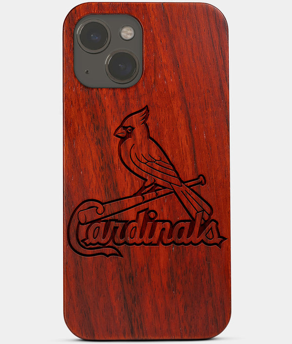 Carved Wood St Louis Cardinals iPhone 13 Mini Case | Custom St Louis Cardinals Gift, Birthday Gift | Personalized Mahogany Wood Cover, Gifts For Him, Monogrammed Gift For Fan | by Engraved In Nature