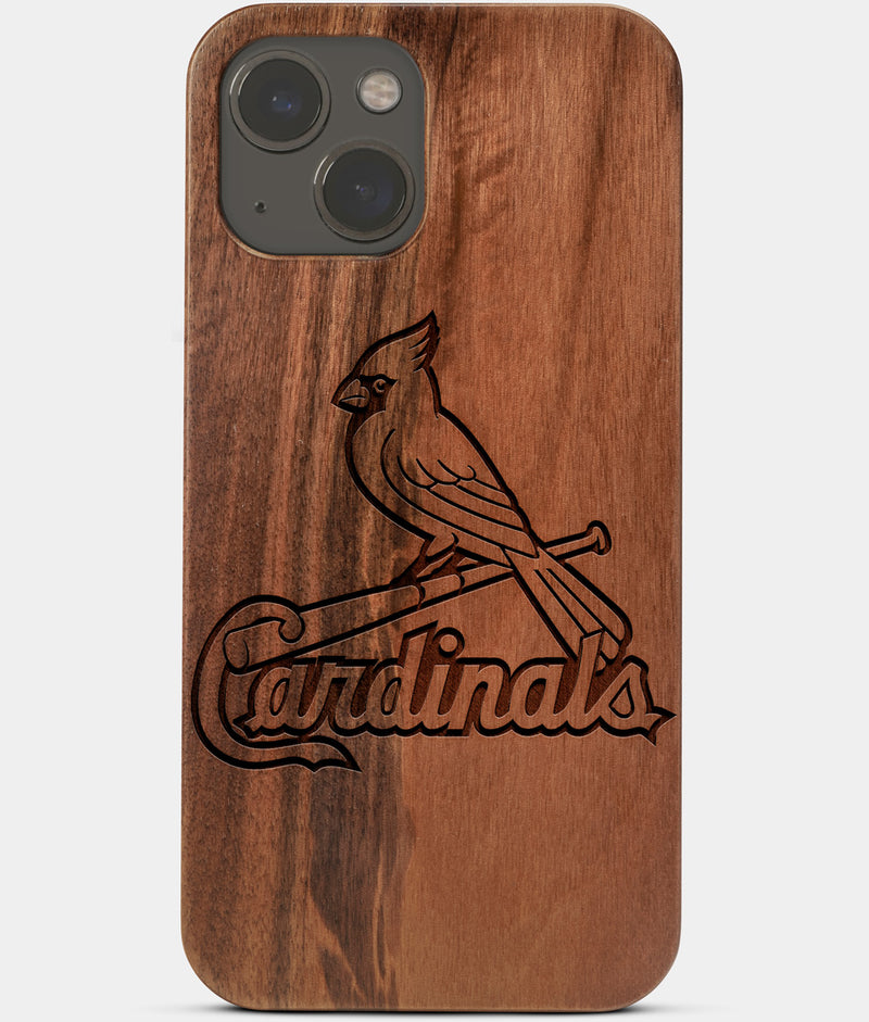 Carved Wood St Louis Cardinals iPhone 13 Mini Case | Custom St Louis Cardinals Gift, Birthday Gift | Personalized Mahogany Wood Cover, Gifts For Him, Monogrammed Gift For Fan | by Engraved In Nature