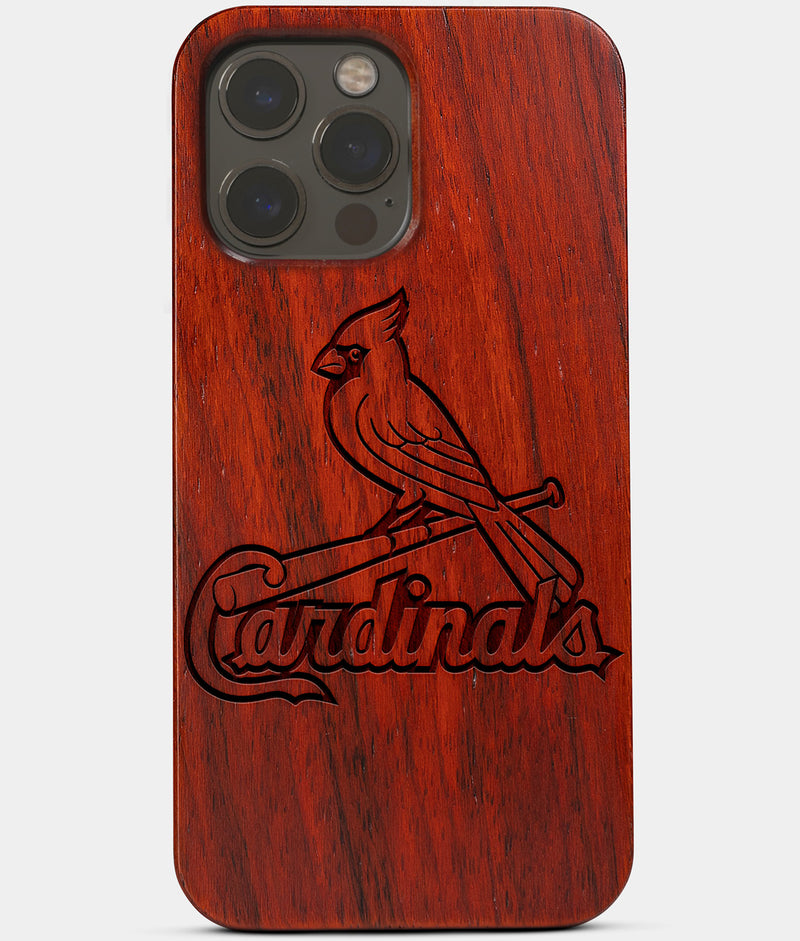 Carved Wood St Louis Cardinals iPhone 13 Pro Case | Custom St Louis Cardinals Gift, Birthday Gift | Personalized Mahogany Wood Cover, Gifts For Him, Monogrammed Gift For Fan | by Engraved In Nature