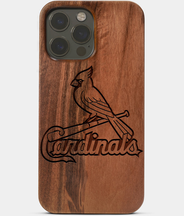 Carved Wood St Louis Cardinals iPhone 13 Pro Case | Custom St Louis Cardinals Gift, Birthday Gift | Personalized Mahogany Wood Cover, Gifts For Him, Monogrammed Gift For Fan | by Engraved In Nature