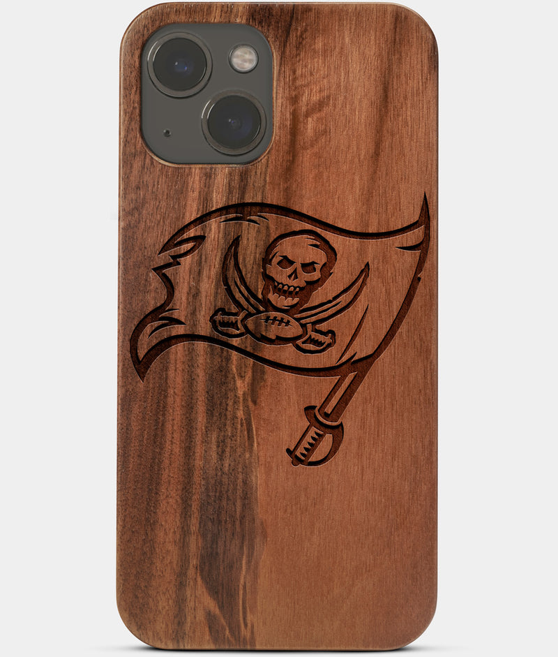 Carved Wood Tampa Bay Buccaneers iPhone 13 Mini Case | Custom Tampa Bay Buccaneers Gift, Birthday Gift | Personalized Mahogany Wood Cover, Gifts For Him, Monogrammed Gift For Fan | by Engraved In Nature