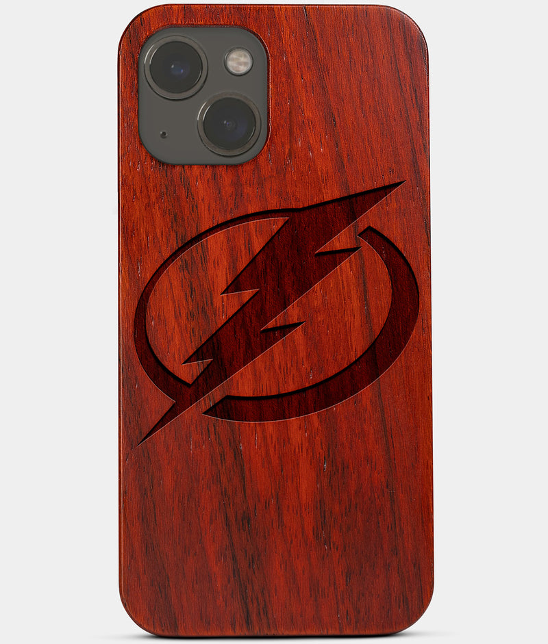 Carved Wood Tampa Bay Lightning iPhone 13 Case | Custom Tampa Bay Lightning Gift, Birthday Gift | Personalized Mahogany Wood Cover, Gifts For Him, Monogrammed Gift For Fan | by Engraved In Nature