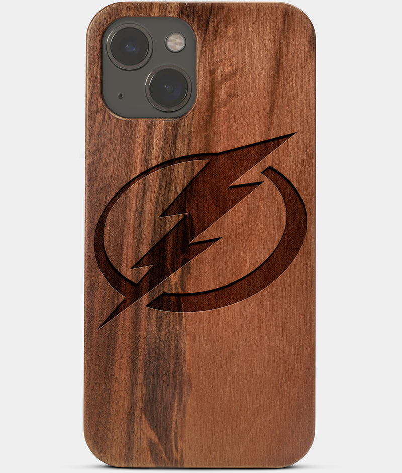 Carved Wood Tampa Bay Lightning iPhone 13 Mini Case | Custom Tampa Bay Lightning Gift, Birthday Gift | Personalized Mahogany Wood Cover, Gifts For Him, Monogrammed Gift For Fan | by Engraved In Nature