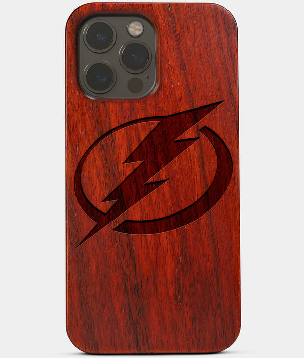 Carved Wood Tampa Bay Lightning iPhone 13 Pro Max Case | Custom Tampa Bay Lightning Gift, Birthday Gift | Personalized Mahogany Wood Cover, Gifts For Him, Monogrammed Gift For Fan | by Engraved In Nature