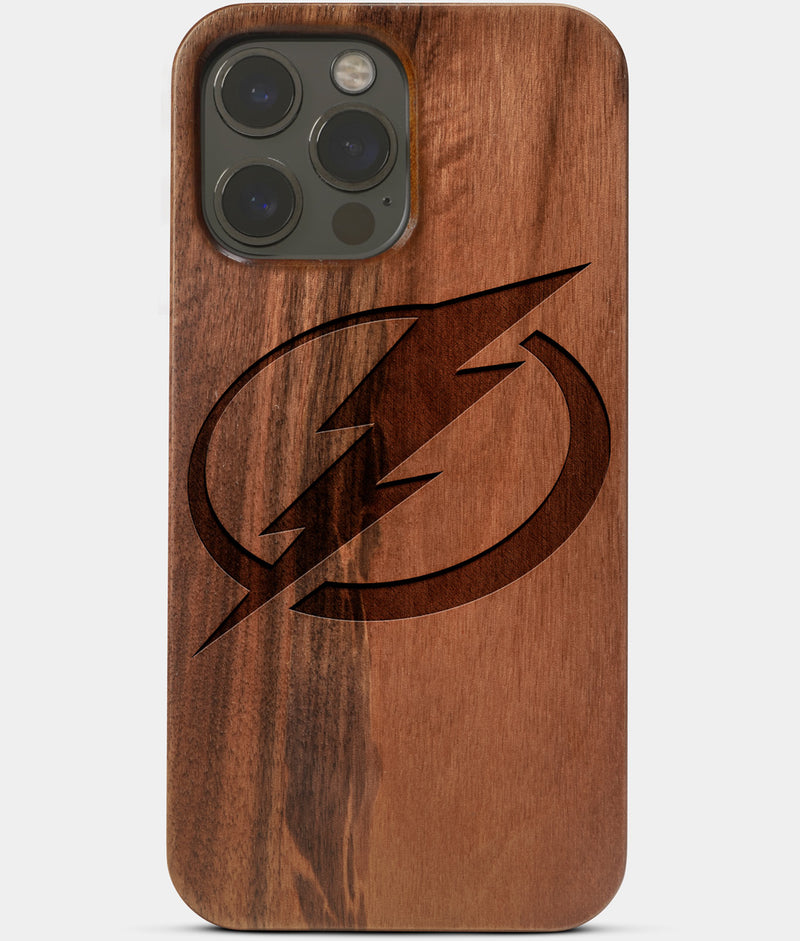 Carved Wood Tampa Bay Lightning iPhone 13 Pro Max Case | Custom Tampa Bay Lightning Gift, Birthday Gift | Personalized Mahogany Wood Cover, Gifts For Him, Monogrammed Gift For Fan | by Engraved In Nature