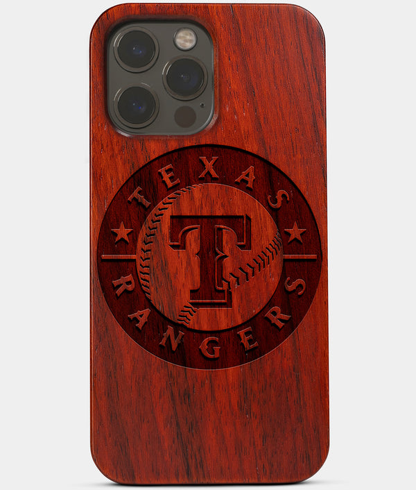 Carved Wood Texas Rangers iPhone 13 Pro Case | Custom Texas Rangers Gift, Birthday Gift | Personalized Mahogany Wood Cover, Gifts For Him, Monogrammed Gift For Fan | by Engraved In Nature