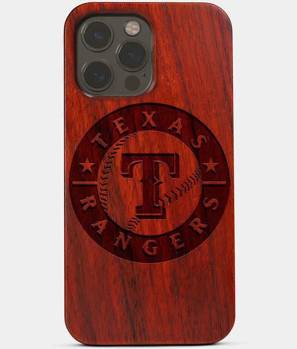 Carved Wood Texas Rangers iPhone 13 Pro Max Case | Custom Texas Rangers Gift, Birthday Gift | Personalized Mahogany Wood Cover, Gifts For Him, Monogrammed Gift For Fan | by Engraved In Nature