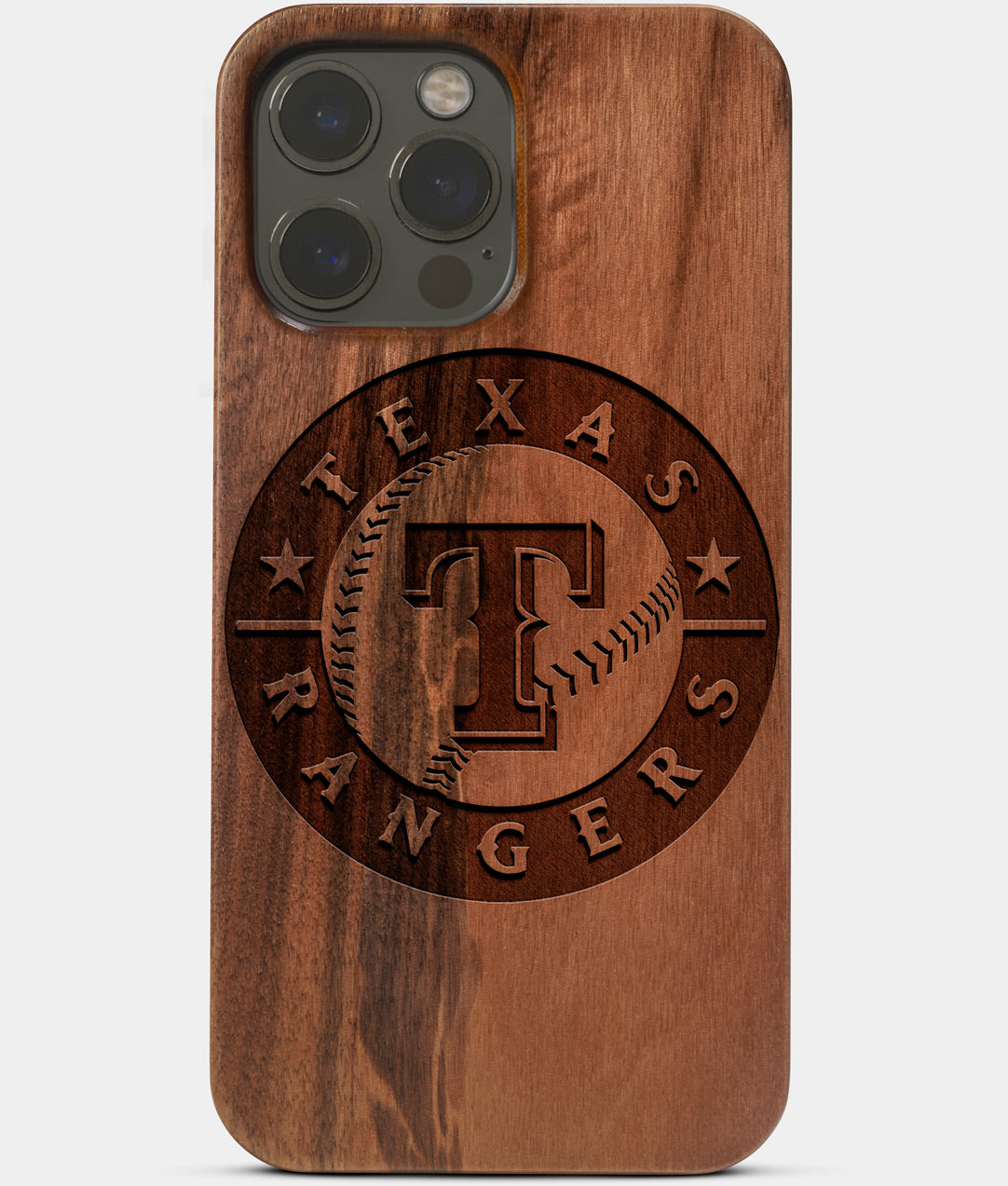 Carved Wood Texas Rangers iPhone 13 Pro Max Case | Custom Texas Rangers Gift, Birthday Gift | Personalized Mahogany Wood Cover, Gifts For Him, Monogrammed Gift For Fan | by Engraved In Nature