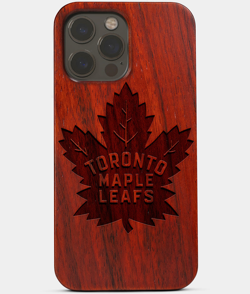 Carved Wood Toronto Maple Leafs iPhone 13 Pro Max Case | Custom Toronto Maple Leafs Gift, Birthday Gift | Personalized Mahogany Wood Cover, Gifts For Him, Monogrammed Gift For Fan | by Engraved In Nature