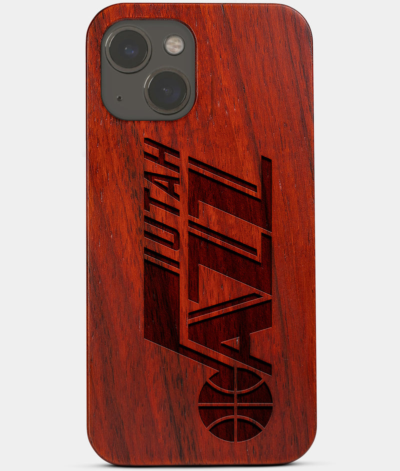 Carved Wood Utah Jazz iPhone 13 Mini Case | Custom Utah Jazz Gift, Birthday Gift | Personalized Mahogany Wood Cover, Gifts For Him, Monogrammed Gift For Fan | by Engraved In Nature