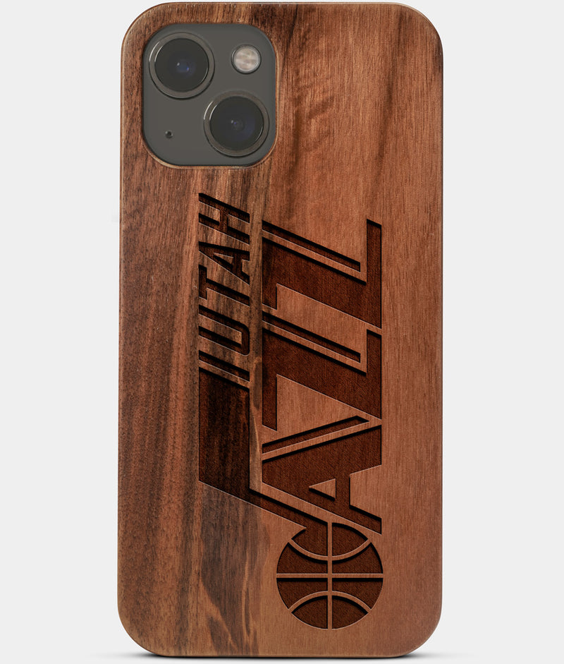 Carved Wood Utah Jazz iPhone 13 Mini Case | Custom Utah Jazz Gift, Birthday Gift | Personalized Mahogany Wood Cover, Gifts For Him, Monogrammed Gift For Fan | by Engraved In Nature