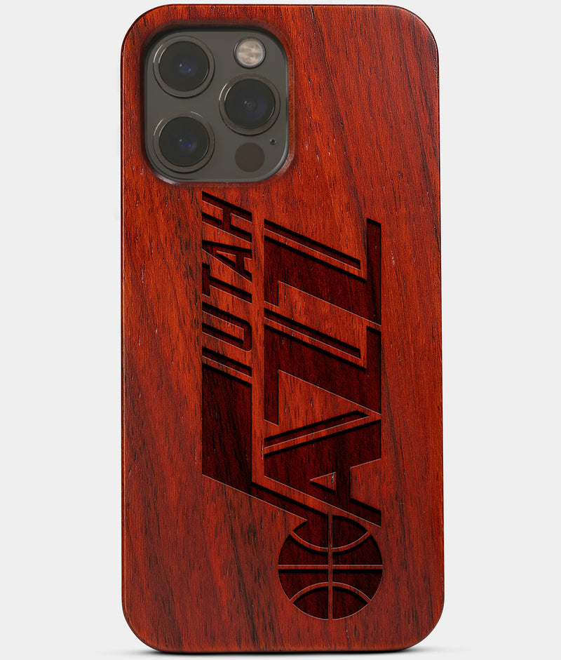 Carved Wood Utah Jazz iPhone 13 Pro Max Case | Custom Utah Jazz Gift, Birthday Gift | Personalized Mahogany Wood Cover, Gifts For Him, Monogrammed Gift For Fan | by Engraved In Nature