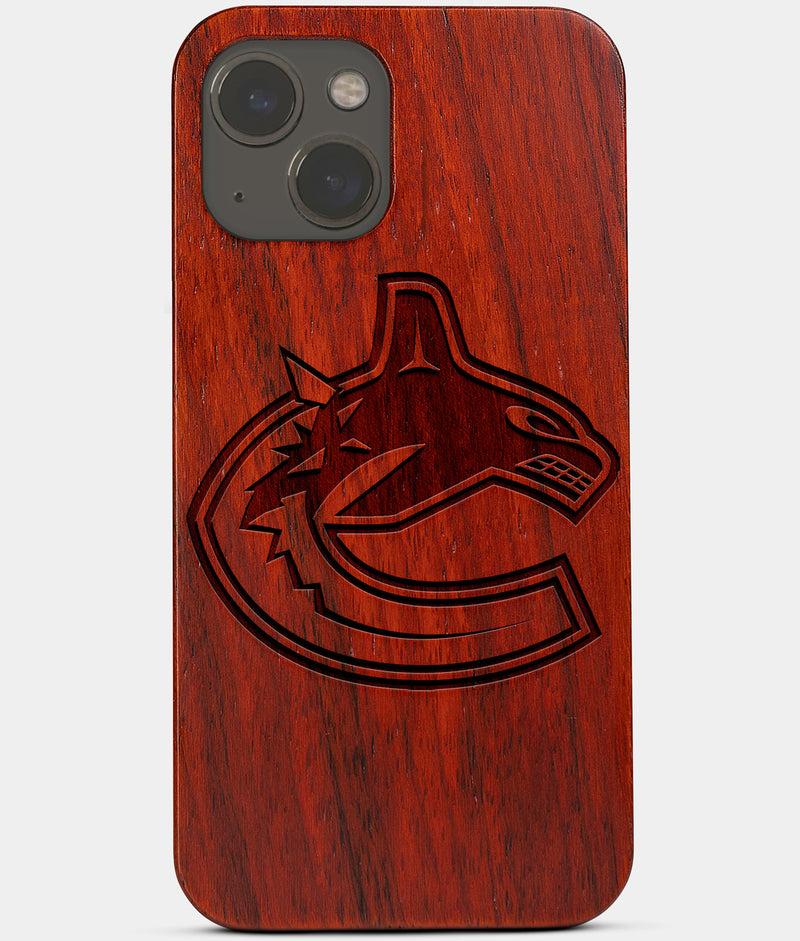 Carved Wood Vancouver Canucks iPhone 13 Case | Custom Vancouver Canucks Gift, Birthday Gift | Personalized Mahogany Wood Cover, Gifts For Him, Monogrammed Gift For Fan | by Engraved In Nature