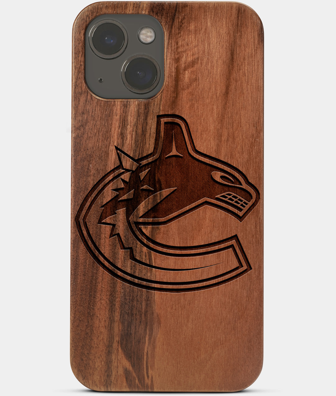 Carved Wood Vancouver Canucks iPhone 13 Case | Custom Vancouver Canucks Gift, Birthday Gift | Personalized Mahogany Wood Cover, Gifts For Him, Monogrammed Gift For Fan | by Engraved In Nature