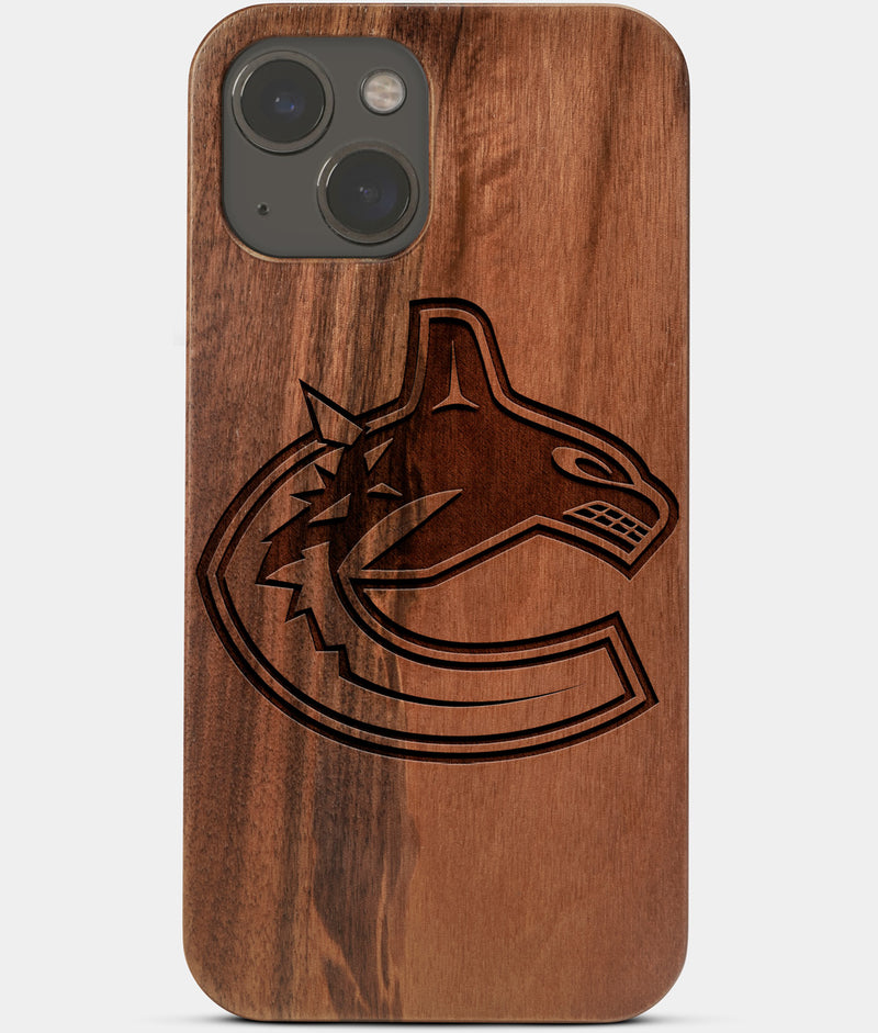 Carved Wood Vancouver Canucks iPhone 13 Mini Case | Custom Vancouver Canucks Gift, Birthday Gift | Personalized Mahogany Wood Cover, Gifts For Him, Monogrammed Gift For Fan | by Engraved In Nature