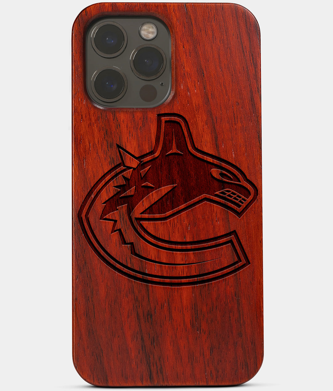 Carved Wood Vancouver Canucks iPhone 13 Pro Case | Custom Vancouver Canucks Gift, Birthday Gift | Personalized Mahogany Wood Cover, Gifts For Him, Monogrammed Gift For Fan | by Engraved In Nature