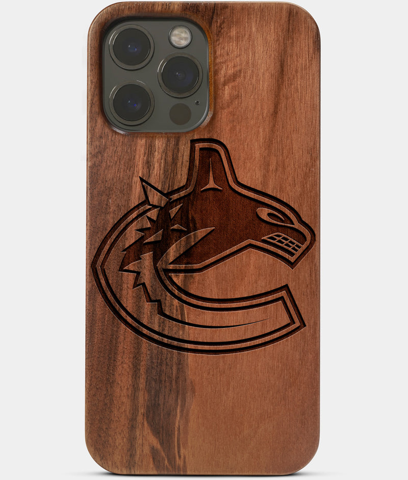 Carved Wood Vancouver Canucks iPhone 13 Pro Case | Custom Vancouver Canucks Gift, Birthday Gift | Personalized Mahogany Wood Cover, Gifts For Him, Monogrammed Gift For Fan | by Engraved In Nature