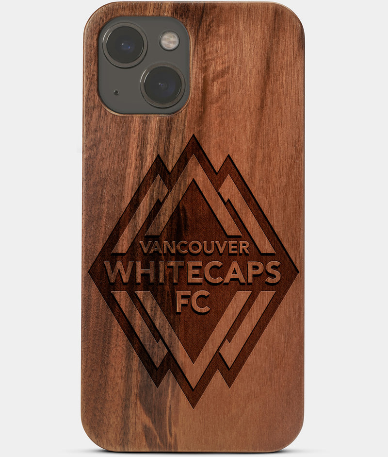 Carved Wood Vancouver Whitecaps FC iPhone 13 Mini Case | Custom Vancouver Whitecaps FC Gift, Birthday Gift | Personalized Mahogany Wood Cover, Gifts For Him, Monogrammed Gift For Fan | by Engraved In Nature