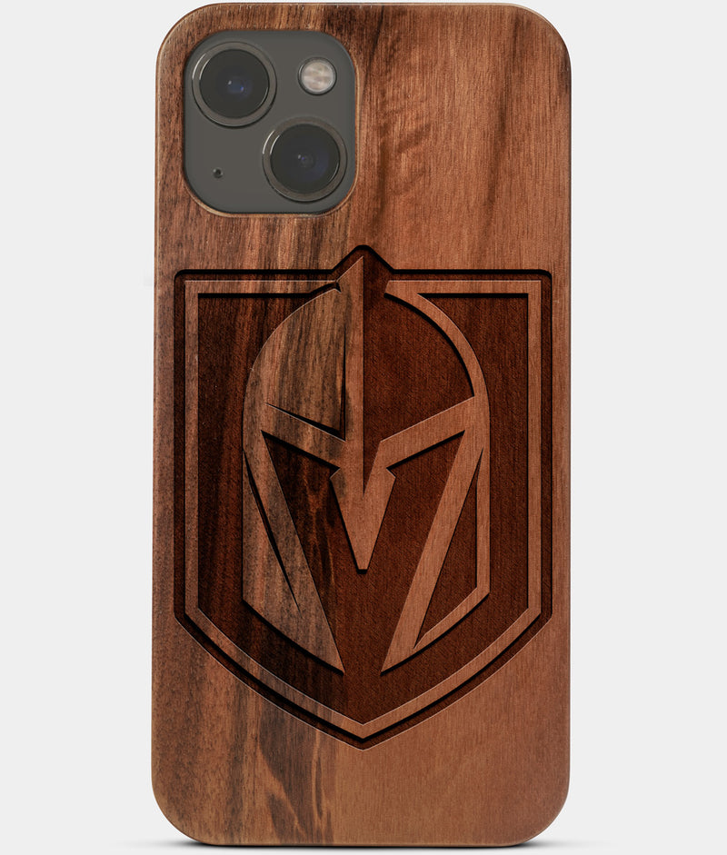 Carved Wood Vegas Golden Knights iPhone 13 Mini Case | Custom Vegas Golden Knights Gift, Birthday Gift | Personalized Mahogany Wood Cover, Gifts For Him, Monogrammed Gift For Fan | by Engraved In Nature