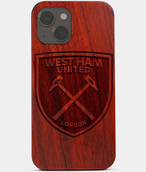 Carved Wood West Ham United F.C. iPhone 13 Case | Custom West Ham United F.C. Gift, Birthday Gift | Personalized Mahogany Wood Cover, Gifts For Him, Monogrammed Gift For Fan | by Engraved In Nature