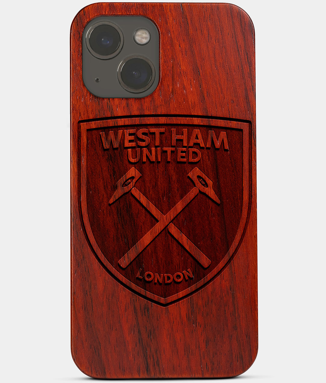 Carved Wood West Ham United F.C. iPhone 13 Mini Case | Custom West Ham United F.C. Gift, Birthday Gift | Personalized Mahogany Wood Cover, Gifts For Him, Monogrammed Gift For Fan | by Engraved In Nature