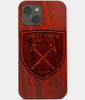 Carved Wood West Ham United F.C. iPhone 13 Mini Case | Custom West Ham United F.C. Gift, Birthday Gift | Personalized Mahogany Wood Cover, Gifts For Him, Monogrammed Gift For Fan | by Engraved In Nature