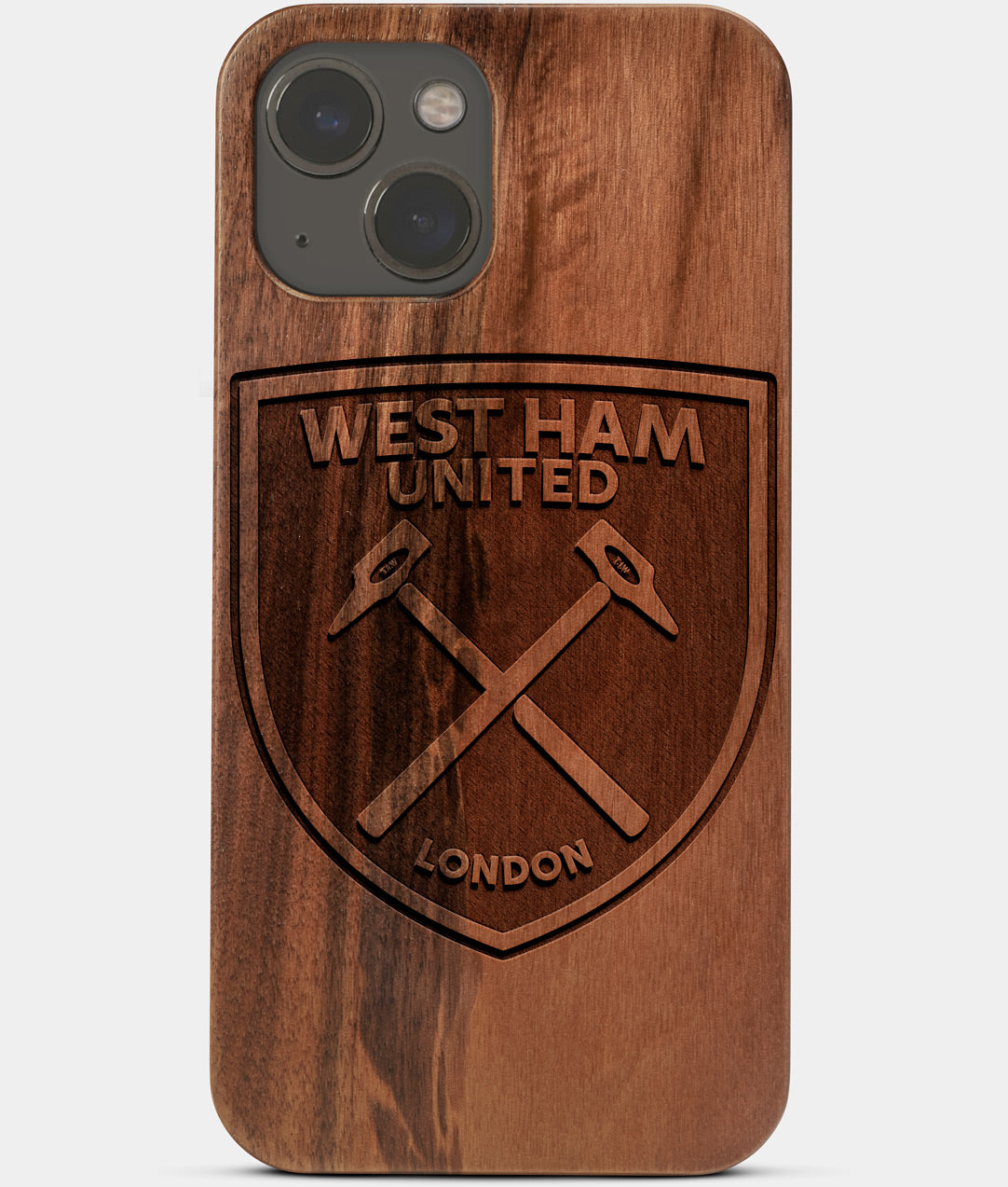 Carved Wood West Ham United F.C. iPhone 13 Mini Case | Custom West Ham United F.C. Gift, Birthday Gift | Personalized Mahogany Wood Cover, Gifts For Him, Monogrammed Gift For Fan | by Engraved In Nature