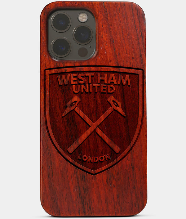 Carved Wood West Ham United F.C. iPhone 13 Pro Case | Custom West Ham United F.C. Gift, Birthday Gift | Personalized Mahogany Wood Cover, Gifts For Him, Monogrammed Gift For Fan | by Engraved In Nature